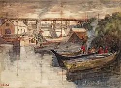 Painting of a shoreline settlement with canoes.