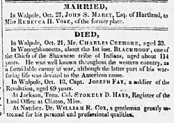 Newspaper clipping, text reads "At Jackson Tenn. Col. STOKELY D. HAYS, Register of the Land Office at Clinton, Miss."