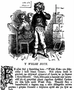 Upset boy wearing a Welsh Not.