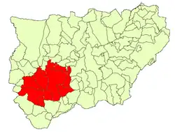 Jaén metropolitan area (in red) in Jaén Province