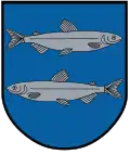 A coat of arms depicting a silver fish swimming to the right on the top and another fish swimming to the left on the bottom all on a blue background