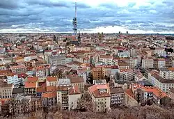 Žižkov as seen from Vítkov hill, with Žižkov Television Tower