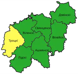 Language spoken. Majorities. Green - Belarusian-speaking population, yellow - Lithuanian-speaking population. Note: relative majority in Vilnius uyezd. Belarusian: (25,8 % with Vilnius city; 41,85% if excluding Vilnius), Lithuanian: (20,93 % with Vilnius city; 34,92% if excluding Vilnius)[39][40]