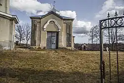 The western facade of the church with neo-gothic framing