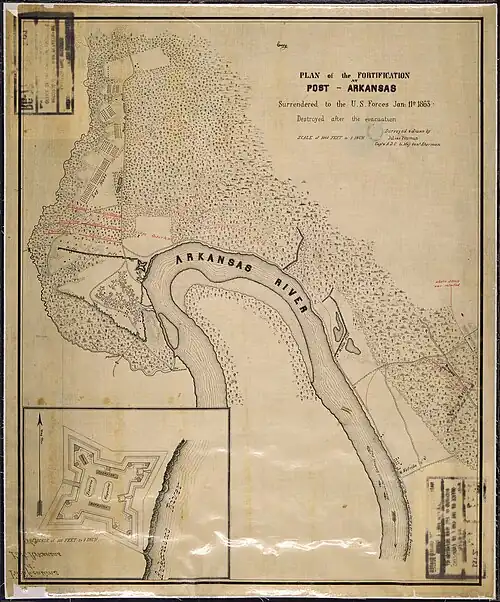 A map showing the location of Fort Hindman, with an inset in the lower left corner giving a more close-up of the fort. The fort is located on the left side of a bend on the Arkansas River; the bend forms an inverted U with a peninsula of land inside it. Much of the area around the fort is marked as woods or swampground. The fort is roughly square-shaped, with triangular projects at the four corners.