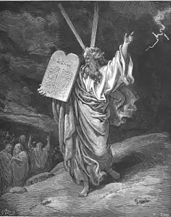 Moses Comes Down from Mount Sinai (Ex. 19:25,20:1-17). (Gustave Doré).