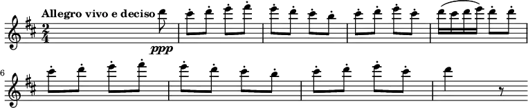 {
\clef treble \key d \major \time 2/4
\set Score.tempoHideNote = ##t
\tempo "Allegro vivo e deciso" 4 = 120
s s8 d'''8 \ppp
cis'''-. d'''-. e'''-. fis'''-.
e'''-. d'''-. cis'''-. b''-.
cis'''-. d'''-. e'''-. cis'''-.
d'''16( cis''' d''' e''') d'''8-. d'''-.
\break
cis'''-. d'''-. e'''-. fis'''-.
e'''-. d'''-. cis'''-. b''-.
cis'''-. d'''-. e'''-. cis'''-.
d'''4 r8
}