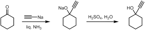 Synthesis of 1-ethynylcyclohexanol from cyclohexanone.
