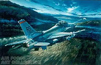 a colour depiction of an F-16 flying along a valley and engaging a distant aircraft with missiles