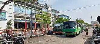 Queue of intercity buses on the Mojokerto–Joyoboyo route in the northern parking area of the Joyoboyo Intermodal Terminal building, May 18, 2021.