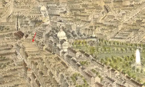 Overview of Beacon Hill, showing State House and reservoir, 1870