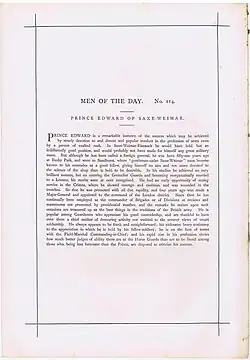 1875 Vanity Fair Print text bio of Prince Edward