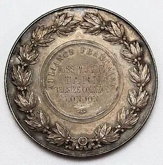 Reverse; inscription: ALLIANCE FRANCAISE, MISS PAULINE TARN BELSIZE COLLEGE LONDON