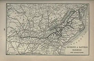 Richmond & Danville Railroad system map showing branch to Round Hill,1891