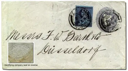 Image 13A postal stationery envelope used from London to Düsseldorf in 1900, with additional postage stamp perfinned "C & S" identifying the user as "Churchill & Sim" per the seal on the reverse shown on inset. A perfin, the contraction of 'PERForated INitials', is a pattern of tiny holes punched through a postage stamp. Organizations used perforating machines to make perforations forming letters or designs in postage stamps with the purpose of preventing pilferage. It is often difficult to identify the originating uses of individual perfins because there are often no identifying features but when a perfin is affixed to a cover that has some user identifying feature, like a company name, address, or even a postmark or cancellation of a known town where the company had offices, this enhances the perfin.