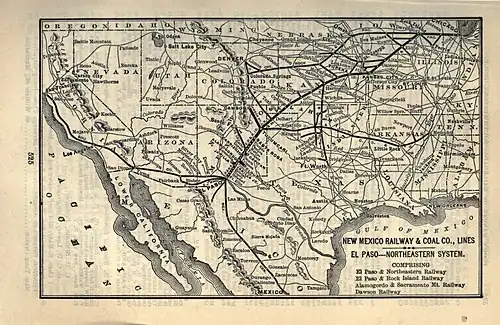 An old map on an aged leaf of paper taken from a book uses a mildly distorted projection of the southwestern United States to highlight certain routes between labeled destinations. The four railways of the New Mexico Railway and Coal Company are the boldest lines, connecting railways are less bold.