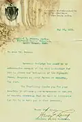 Document from Governor Calvin Coolidge's secretary stating Coolidge would not be able to attend the ceremony of dedication on May 31, 1919.