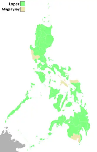Provinces where Lopez won at least a plurality are in light green. The Marcoses supported Lopez in the election.