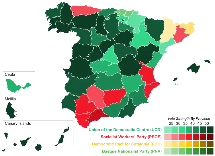 Map of Spain showcasing winning party's strength by constituency