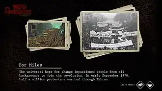 Two images (one in-game, one real life) of a large crowd of protesters in Tehran. A short paragraph of text at the bottom of the screen describes the images.