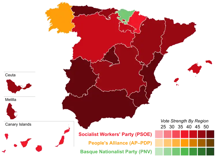 Map of Spain showcasing winning party's strength by autonomous community