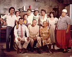 Presidential candidate Rafael Caldera with the members of the Asocerro sketch show, from the comedy show Radio Rochela, on Radio Caracas Television.