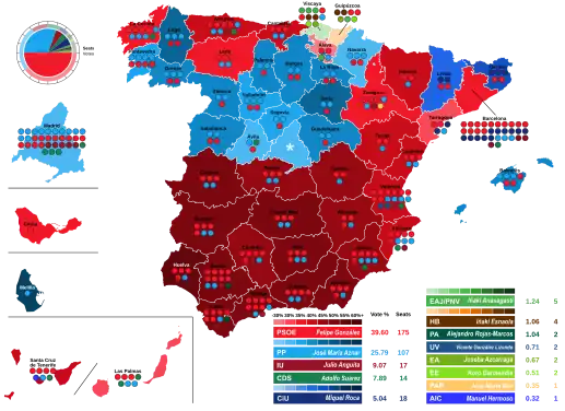 Map of Spain showcasing seat distribution by Congress of Deputies constituency