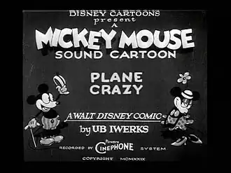 Title card of Plane Crazy animation which introduces Minnie Mouse wearing polka dots dress