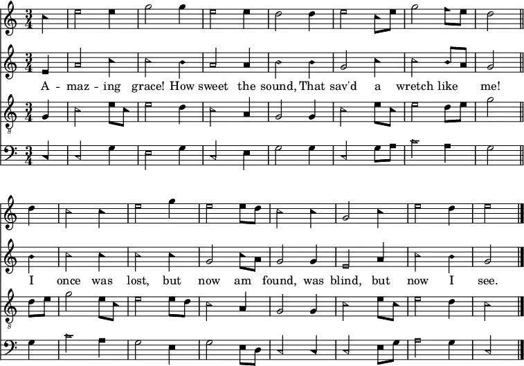 << <<
\new Staff { \clef treble \time 3/4 \partial 4 \key c \major \set Staff.midiInstrument = "flute" %sopran
\set Score.tempoHideNote = ##t \override Score.BarNumber #'transparent = ##t
\relative c'' { \sacredHarpHeads
c4 | e2 e4 | g2 g4 | e2 e4 | d2 d4 | e2 c8 e | g2 f8 e | d2 \bar"||" \break
d4 | c2 c4 | e2 g4 | e2 e8 d | c2 c4 | g2 c4 | e2 d4 | e2 \bar"|." }
}
\new Staff { \clef treble \key c \major \set Staff.midiInstrument = "flute" %alt
\relative c' { \sacredHarpHeads
e4 | a2 c4 | c2 b4 | a2 a4 | b2 b4 | g2 c4 | c2 b8 a | g2
b4 | c2 c4 | c2 c4 | g2 c8 a | g2 g4 | e2 a4 | c2 b4 | g2 }
}
\new Lyrics \lyricmode {
A4 -- maz2 -- ing4 grace!2 How4 sweet2 the4 sound,2
That4 sav'd2 a4 wretch2 like4 me!2
I4 once2 was4 lost,2 but4 now2 am4 found,2
was4 blind,2 but4 now2 I4 see.2
}
\new Staff { \clef "treble_8"
\key c \major \set Staff.midiInstrument = "oboe" %tenor
\relative c' { \sacredHarpHeads
g4 | c2 e8 c | e2 d4 | c2 a4 | g2 g4 | c2 e8 c | e2 d8 e | g2
d8 e | g2 e8 c | e2 e8 d | c2 a4 | g2 g4 | c2 e8 c | e2 d4 | c2 }
}
\new Staff { \clef bass \key c \major \set Staff.midiInstrument = "flute" %bass
\relative c { \sacredHarpHeads
c4 | c2 g'4 | e2 g4 | c,2 e4 | g2 g4 | c,2 g'8 a | c2 a4 | g2
g4 | c2 a4 | g2 e4 | g2 e8 d | c2 c4 | c2 e8 g | a2 g4 | c,2 }
}
>> >>
\layout { indent = #0 }
\midi { \tempo 4 = 80 }