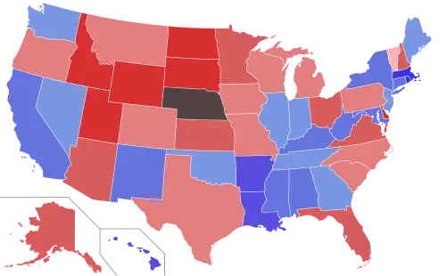Lower house seats by party holding majority in each state Republican 50–60% 60–70% 70–80% 80–90% 90–100% Democratic 50–60% 60–70% 70–80% 80–90% 90–100%
