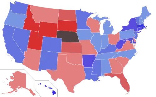 Lower house seats by party holding majority in each state Republican 50–60% 60–70% 70–80% 80–90% 90–100% Democratic 50–60% 60–70% 70–80% 80–90% 90–100%