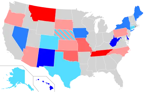 Net changes to upper house seats after the 2008 elections &nbsp;&nbsp;&nbsp;&nbsp;&nbsp;+1 Dem seat &nbsp;&nbsp;&nbsp;&nbsp;&nbsp;+2 Dem seats &nbsp;&nbsp;&nbsp;&nbsp;&nbsp;+3 Dem seats &nbsp;&nbsp;&nbsp;&nbsp;&nbsp;+1 Rep seat &nbsp;&nbsp;&nbsp;&nbsp;&nbsp;+2 Rep seats &nbsp;&nbsp;&nbsp;&nbsp;&nbsp;+3 Rep seats &nbsp;&nbsp;&nbsp;&nbsp;&nbsp;+1 Ind seat
