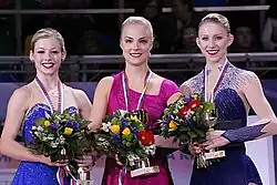 The women's event medalists at the 2012 Rostelecom Cup