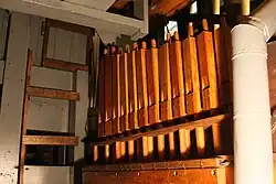 Casavant Frères ranks of square wooden pipes of all sizes inside the organ.