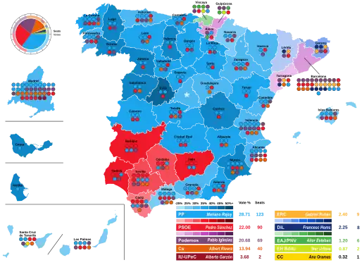 Map of Spain showcasing seat distribution by Congress of Deputies constituency