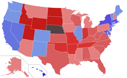 Lower house seats by party holding majority in each state Republican&nbsp;&nbsp;50–60%&nbsp;&nbsp;60–70%&nbsp;&nbsp;70–80%&nbsp;&nbsp;80–90%&nbsp;&nbsp;90–100% Democratic&nbsp;&nbsp;50–60%&nbsp;&nbsp;60–70%&nbsp;&nbsp;70–80%&nbsp;&nbsp;80–90%&nbsp;&nbsp;90–100%