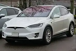 A front three-quarters view of a white Tesla Model X