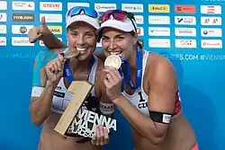 Sluková and Barbora Hermannova celebrate their gold medal at the FIVB Beach Volleyball World Tour Major Series Vienna on 4 August 2018