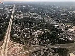 An aerial view of SR 28 (bottom), I-66 (left) and US 29 (right) in Centreville in July 2019