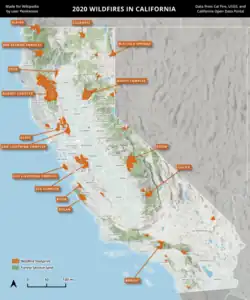 A map of wildfires in California in 2020, using Cal Fire data