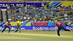 At the end of the Group B England v South Africa match at the WACA Ground, Mignon du Preez hits the winning runs that ultimately knocked England out of the tournament.