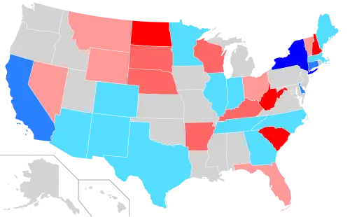 Net changes to upper house seats after the 2020 elections &nbsp;&nbsp;&nbsp;&nbsp;&nbsp;+1 Rep seat &nbsp;&nbsp;&nbsp;&nbsp;&nbsp;+2 Rep seats &nbsp;&nbsp;&nbsp;&nbsp;&nbsp;+3–4 Rep seats &nbsp;&nbsp;&nbsp;&nbsp;&nbsp;+1 Dem seat &nbsp;&nbsp;&nbsp;&nbsp;&nbsp;+2 Dem seats &nbsp;&nbsp;&nbsp;&nbsp;&nbsp;+4 Dem seats