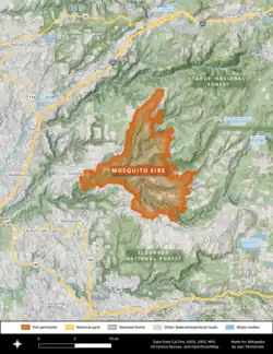 The footprint of the Mosquito Fire is shown in burnt orange, with a narrow end near Foresthill widening to the east as it spread into Tahoe and Eldorado National Forests.