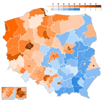 2023 Polish parliamentary election - Senate results, PiS (blue), Opposition (orange)