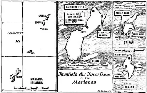 Black and white map of the Mariana Islands marked with the locations of airfields mentioned in the text of the article