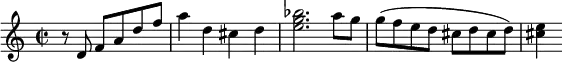 \relative c' {
  \time 2/2 \partial 2.
  r8 d8 f8^[ a8 d8 f8] |
  a4 d,4 cis4 d4 |
  <e g bes>2. a8 g8 |
  g8( f8 e8 d8 cis8 d8 cis8 d8) |
  <cis e>4
  
}