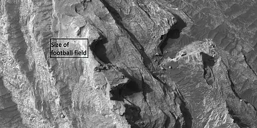 Closer view towards top of white butte, as seen by HiRISE under HiWish program. Box shows size of a football field.