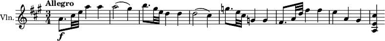 
\relative c'' { \set Score.barNumberVisibility = #all-bar-numbers-visible % doesn't seem to work
  \override Score.NonMusicalPaperColumn #'line-break-permission = ##f
  \set Staff.instrumentName = "Vln."
  \tempo "Allegro"
  \key a \major
  \time 3/4 \bar ""
  a8.\f cis32 e a4 a |
  a2( gis4) |
  b8. gis32 e d4 d |
  d2( cis4) |
  g'8. e32 cis g4 g |
  fis8. a32 d fis4 fis |
  e4 a, gis | <cis e, a,>
}
