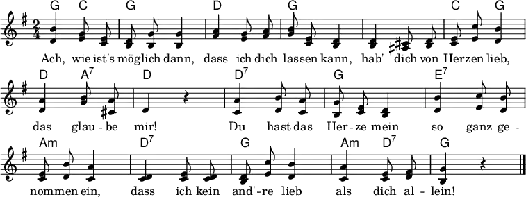 
\layout { \context { \Score \remove "Bar_number_engraver" } }
<<
\new ChordNames { \set Staff.midiInstrument = #"acoustic guitar (nylon)" \chordmode { g,4 c, g,2 d, g, s c,4 g, d, a,:7 d,2 d,:7 g, e,:7 a,:m d,:7 g, a,4:m d,:7 g,2} }
\relative g' {\set Staff.midiInstrument = #"clarinet" \autoBeamOff \key g \major \time 2/4 \set Score.tempoHideNote = ##t \tempo 4=55
<b d,>4 <g e>8 <e c>8 | <d b>8 <g b,>8 <g b,>4 | <a fis>4 <g e>8 <a fis>8 | <b g>8 <e, c>8 <d b>4 | <d b>4 <cis ais>8 <d b>8 | <e c>8 <c' e,>8 <b d,>4 | <a d,>4 <b g>8 <a cis,>8 | d,4 r |
<a' c,>4 <b d,>8 <a c,>8 | <g b,>8 <e c>8 <d b>4 | <b' d,>4 <c e,>8 <b d,>8 | <e, c>8 <b' d,>8 <a c,>4 | <d, c>4 <e c>8 <d c>8 | <d b>8 <c' e,>8 <b d,>4 |
  \tempo 4=50 <a c,>4 <e c>8 <fis d>8 | <g b,>4 r \bar "|."
}
\addlyrics {
Ach, wie ist's mög -- lich dann,
dass ich dich las -- sen kann,
hab' dich von Her -- zen lieb,
das glau -- be mir!
Du hast das Her -- ze mein
so ganz ge -- nom -- men ein,
dass ich kein and' -- re lieb
als dich al -- lein!
 }
>>
\midi { \context { \ChordNames midiMinimumVolume = #0.3 midiMaximumVolume = #0.3 } }
