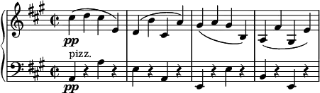 
{ \new PianoStaff <<
\new Staff \relative cis'' { \set Staff.midiInstrument = #"piano" \key a \major \clef treble \time 2/2 \set Score.tempoHideNote = ##t \tempo 2 = 90
  cis4 \pp ( d4 cis4 e,4 ) | % 2
  d4 ( b'4 cis,4 a'4 ) | % 3
  gis4 ( a4 gis4 b,4 ) | % 4
  a4 ( fis'4 gis,4 e'4 )
  }
\new Staff \relative a, { \set Staff.midiInstrument = #"piano" \key a \major \clef bass \time 2/2
  a4 \pp ^"pizz." r4 a'4 r4 | % 2
  e4 r4 a,4 r4 | % 3
  e4 r4 e'4 r4 | % 4
  b4 r4 e,4 r4 }
>> }

